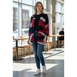 Kasper Duster Cardigan Red  Mulit Knit‎ Open Front Chic Grandma 1X